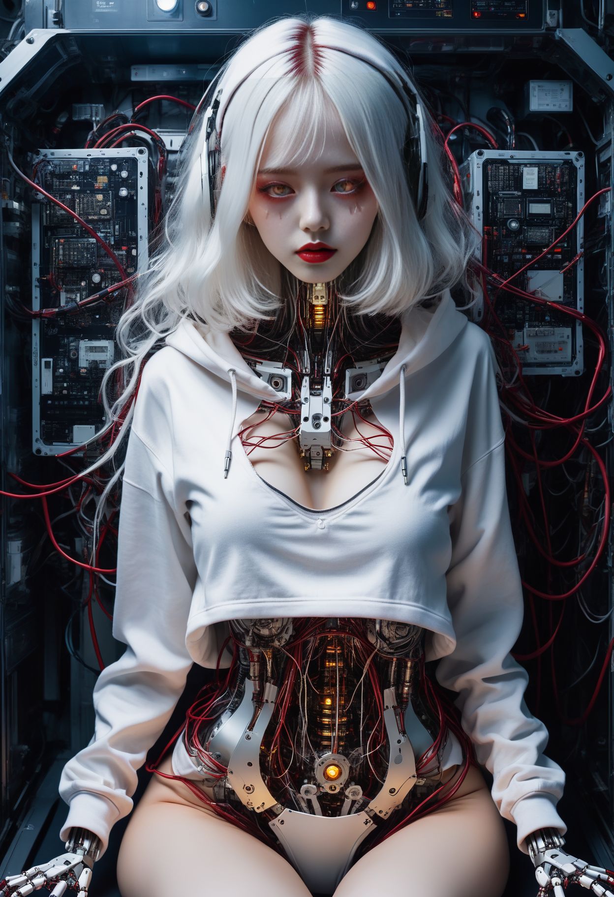 score_9, score_8_up, score_7_up,  robot girl, (robot joints, intervention unit, very complex robot, glowing chest:1.2), full body, mechanical toes, solo, white long hair, large breasts, bangs, arched back, dark eyes, too tight burgundy hoodie, provocative, cosmic background, cables and wires everywhere, smirk, red theme, covered face <lora:Concept Art Twilight Style SDXL_LoRA_Pony Diffusion V6 XL:0.8><lora:Expressive_H-000001:0.8> expressiveH<lora:d4rk01lXLP:0.7> d4rk01l  <lora:pony/twilight_style:0.8> <lora:pony/expressiveh:0.8> expressiveH <lora:pony/vixon_gothic_oil_style:0.7> d4rk01l