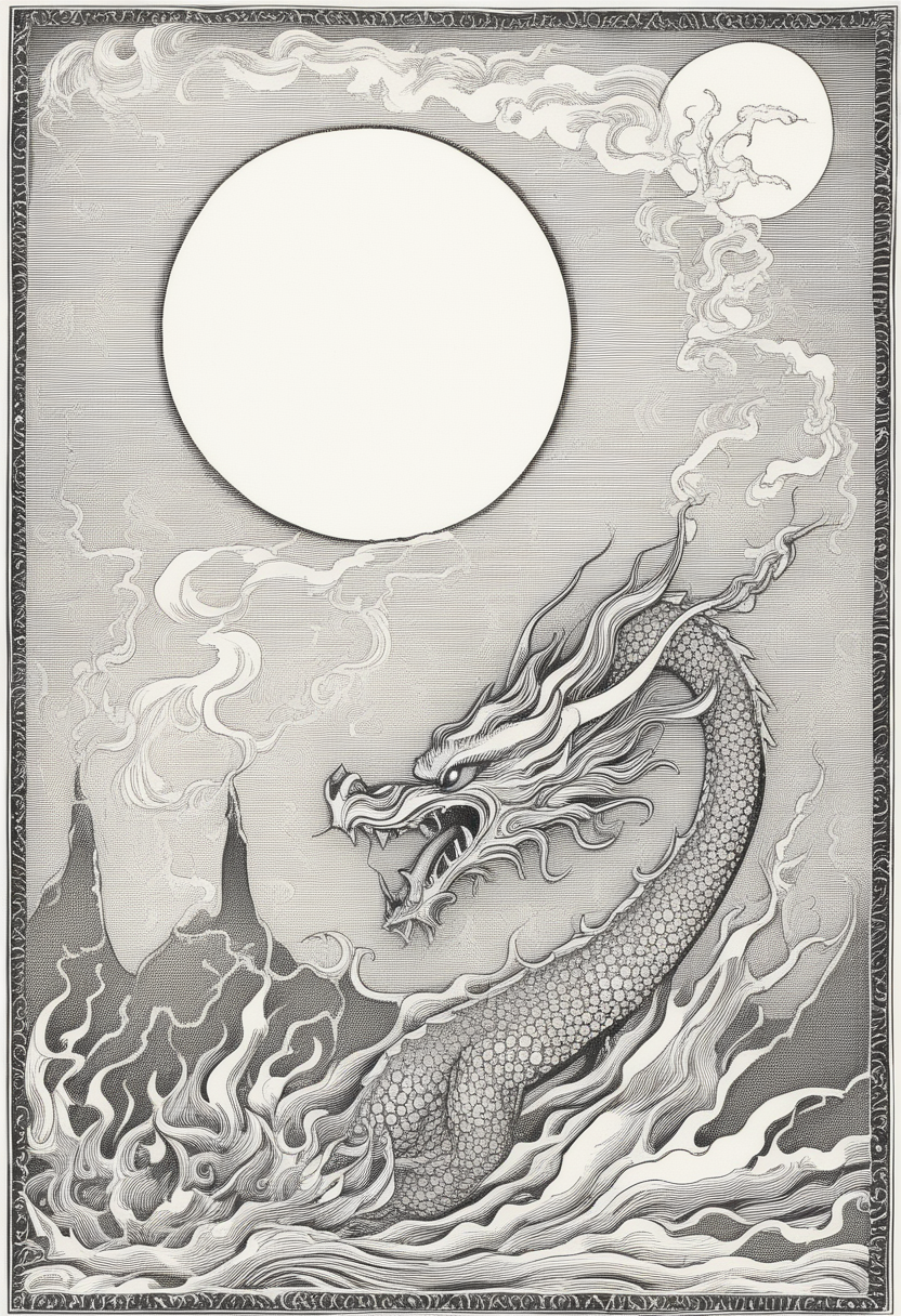 Dragon breathing fire, moon, sky, wood block print, border, black and white, illustration, Kay Nielsen, <lora:Kay_Nielsen_Style:0.75>