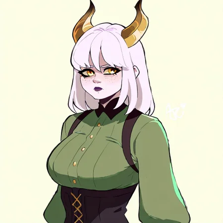 masterpiece, best quality, newest, absurdres, highres, safe, ArmasDraws, 1girl, solo, gold twisted ram's horns, freckles, white hair, long bangs, golden eyes, pale skin, green dress, black underbust corset, medium shot, portrait, simple background