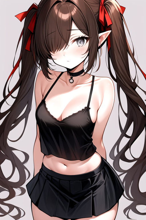 masterpiece, best quality,  <lora:Kra_SD:0.8> k'ra, grey eyes, brown hair, twintails, red ribbons, black camisole, short black skirt