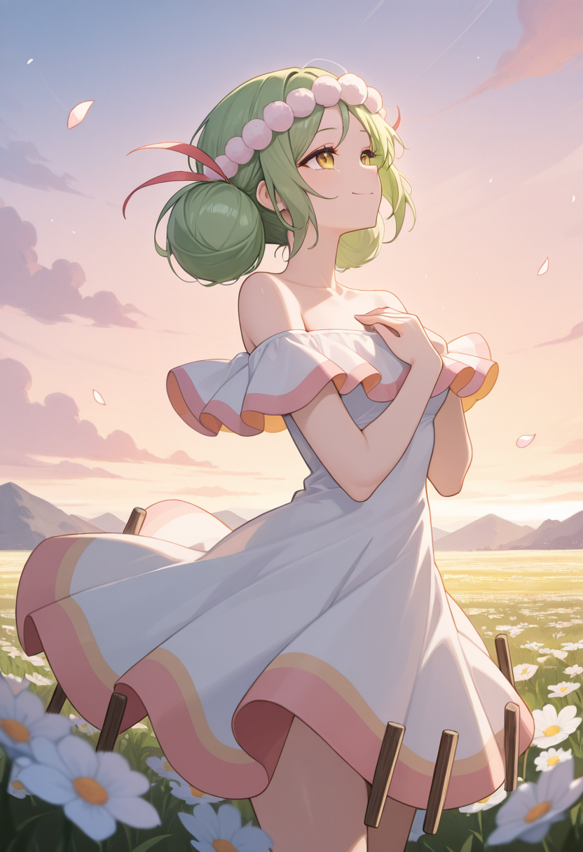 1girl,solo,<lora:florappnil:0.9>,florappn,yellow eyes,green hair,hair ornament,hair bun,double bun,dress,off-shoulder dress,collarbone,bare shoulders,cowboy_shot,from_side,head_back,smile,hand on own chest,closed mouth,field,dusk,flower field,petals,wind,cloud,incredibly absurdres,masterpiece,best quality,good quality,newest,