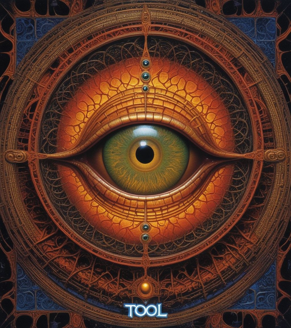 Tool Metal album cover, style by Alex Gray, spiral eye, (write text: "TOOL")