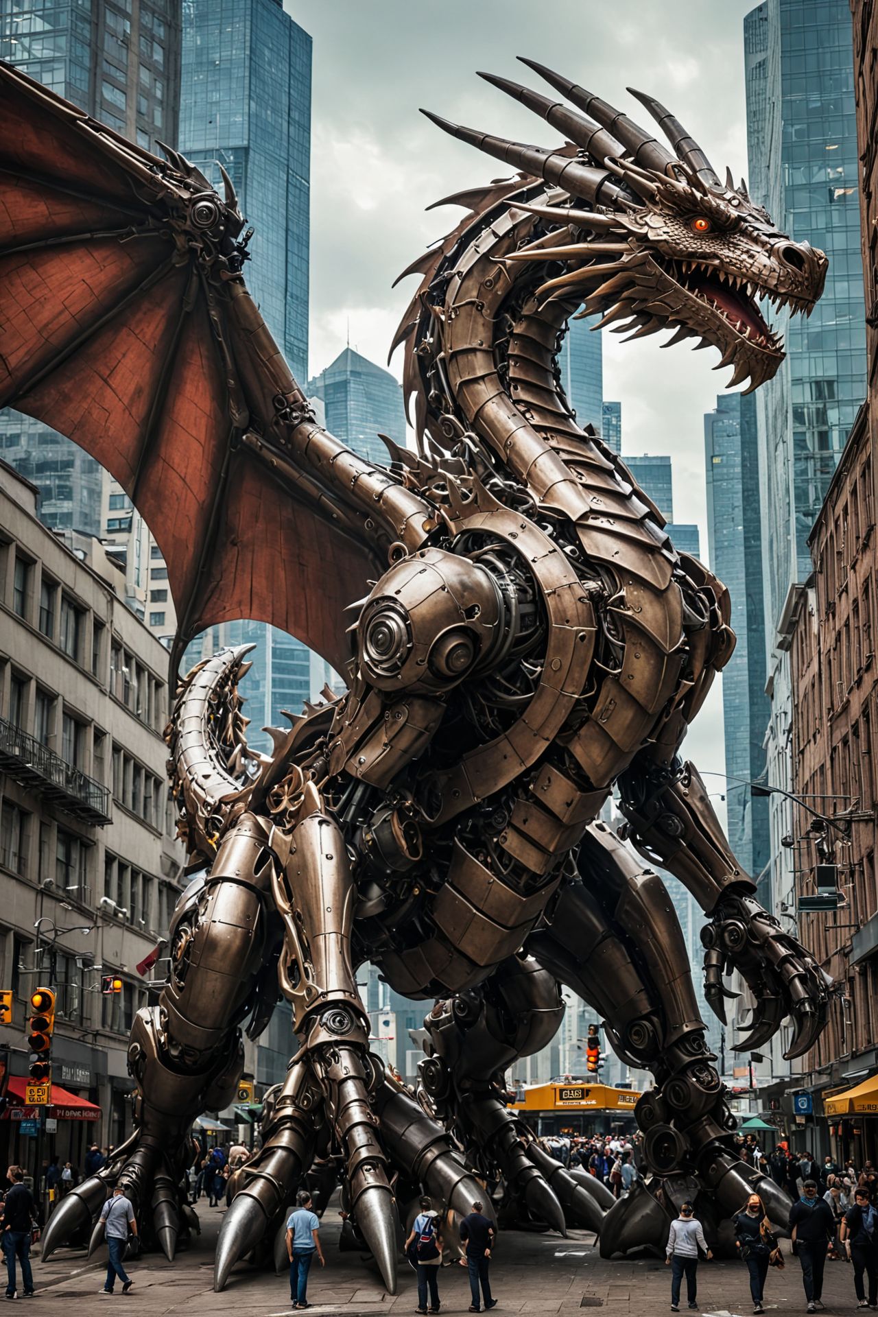 Giant mechanical dragon in a city 
 ,<lora:aidma-Image Upgrader-v0.1:0.85>