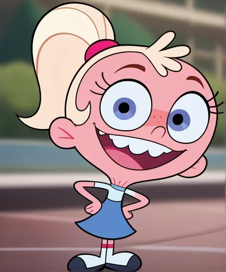 score_9, 1girl, solo, stl1, official art, official  style, looking at viewer, pink skin, open smile, big head, small body, teeth, dress, freckles, buck teeth, full body, socks, ponytail, blonde hair, hands on hips, blurry background, parody, <lora:stl1:1>,