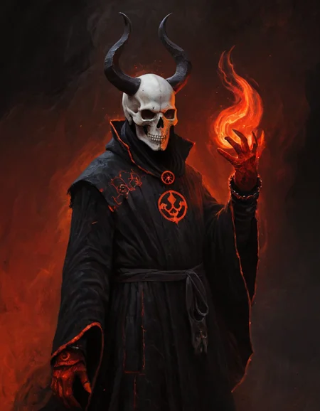 wynbrlwsty, a digital painting depicting a dark, menacing figure with a skull-like mask, large curved horns, and red, clawed gloves. The figure wears a black, tattered robe with a glowing, orange, flame-like symbol on the chest. The background is a smoky, fiery red, enhancing the ominous atmosphere. The style is dark fantasy, evoking a sense of horror