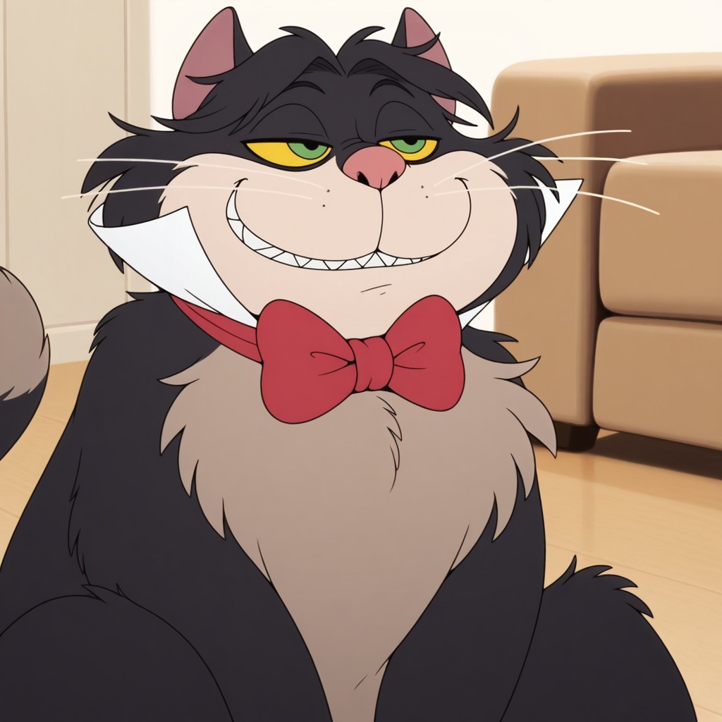 masterpiece, best quality, amazing quality, luc1f3r, male, furry male, feral, solo, cat, short hair, parted hair, black fur, two-tone fur, yellow sclera, green eyes, white muzzle, pink nose, curly whiskers, sharp teeth, bushy tail, nails, paw pads, white collar, red bowtie, sitting up, smirk, smug, indoors, living room