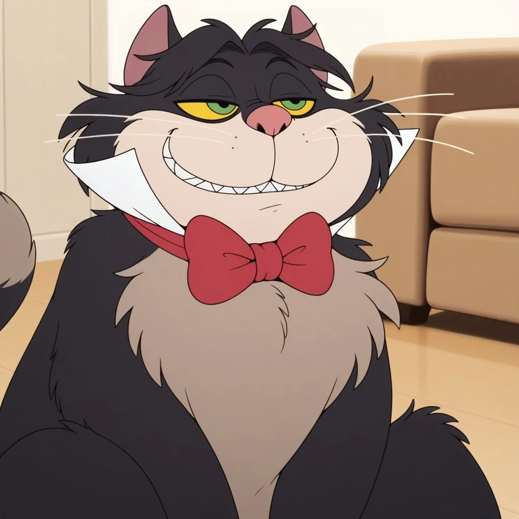 masterpiece, best quality, amazing quality, luc1f3r, male, furry male, feral, solo, cat, short hair, parted hair, black fur, two-tone fur, yellow sclera, green eyes, white muzzle, pink nose, curly whiskers, sharp teeth, bushy tail, nails, paw pads, white collar, red bowtie, sitting up, smirk, smug, indoors, living room