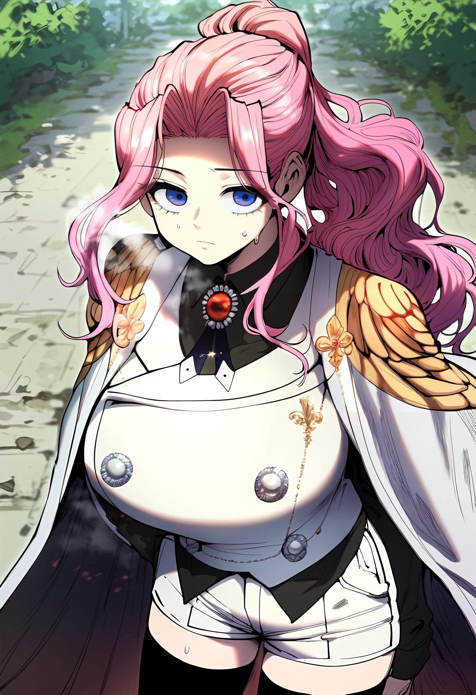 score_9, score_8_up, score_7_up, score_6_up, source_anime, rating_explicit, 1girl, (solo:1.2), huge breasts, <lora:Certiponyxl:1> pink hair, long hair, purple eyes, ponytail, sidelocks, white cape, brooch, gem, epaulettes, white vest, black shirt, long sleeves, collared shirt, buttons, short shorts, white shorts, black thighhighs, expressionless, Narrow shoulders, heavy breathing, steaming body, forest, outdoors, looking at viewer, close-up, standing
