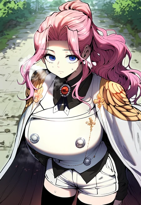 score_9, score_8_up, score_7_up, score_6_up, source_anime, rating_explicit, 1girl, (solo:1.2), huge breasts, <lora:Certiponyxl:1> pink hair, long hair, purple eyes, ponytail, sidelocks, white cape, brooch, gem, epaulettes, white vest, black shirt, long sleeves, collared shirt, buttons, short shorts, white shorts, black thighhighs, expressionless, Narrow shoulders, heavy breathing, steaming body, forest, outdoors, looking at viewer, close-up, standing