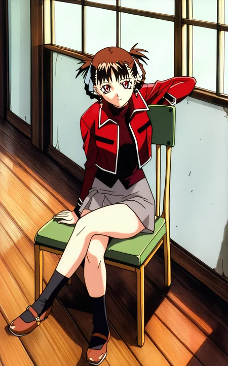 masterpiece, detailed, kaitoero artstyle, 1girl, solo, sawakto, fasshonarry outfit, bangs, reddish brown hair, red eyes, long sleeves, makeup, ribbon, jewelry, jacket, hair ribbon, braid, earrings, kurisutaruxx earrings, hair rings, open jacket, cropped jacket, dark red shirt, skirt, miniskirt, grey skirt, shoes, mary janes, brown footwear, black socks, chair, sitting, (crossed legs), (full body), indoors, wooden floor, window, looking at viewer, <lora:kite:1>