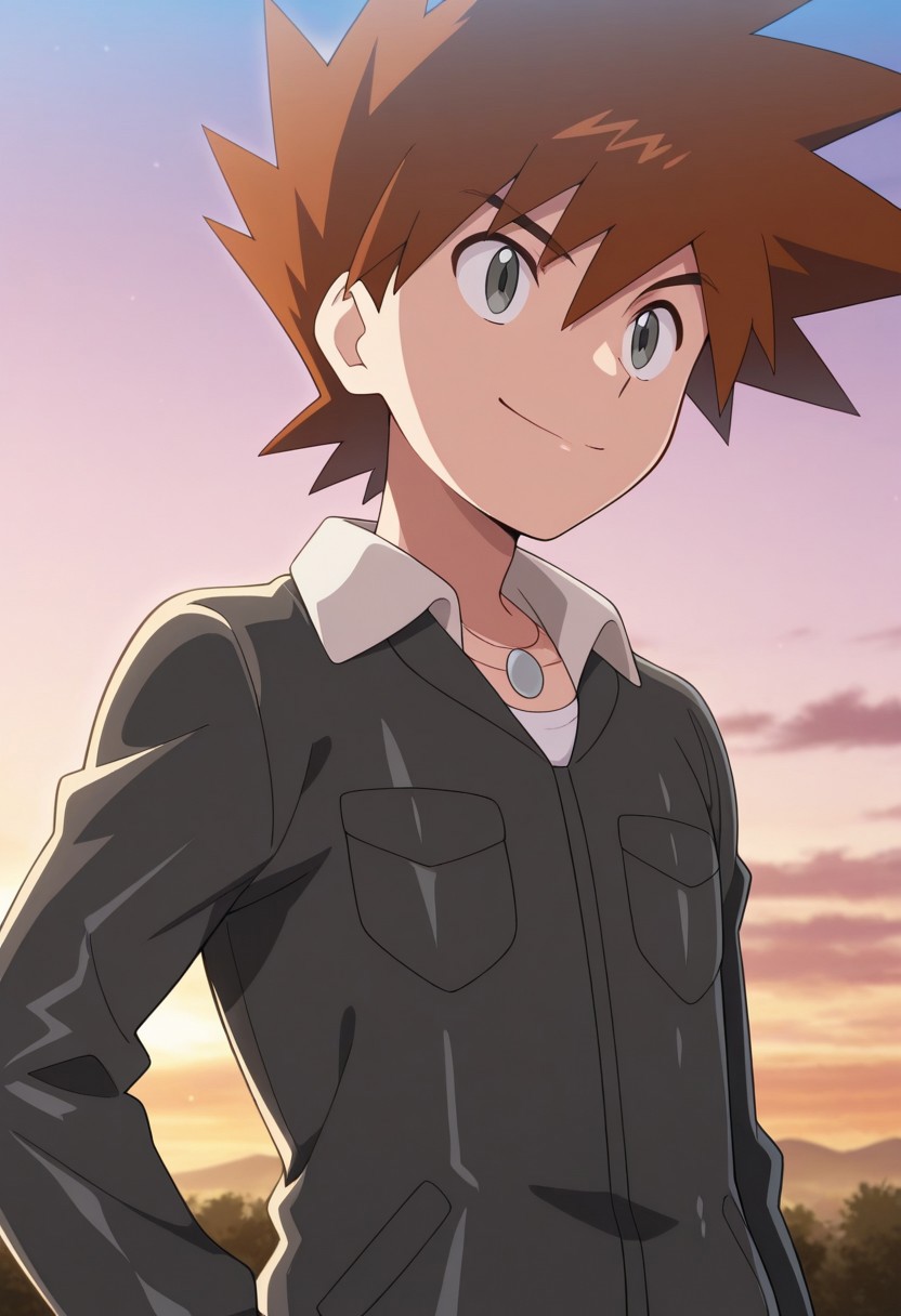 masterpiece,best quality,amazing quality, source_anime, 
shige_jou, 1boy, male focus, solo, grey eyes, brown hair, spiked hair, shirt, white shirt, collared jacket, jacket, black jacket, jewelry, necklace, smile,
outdoor, sky,