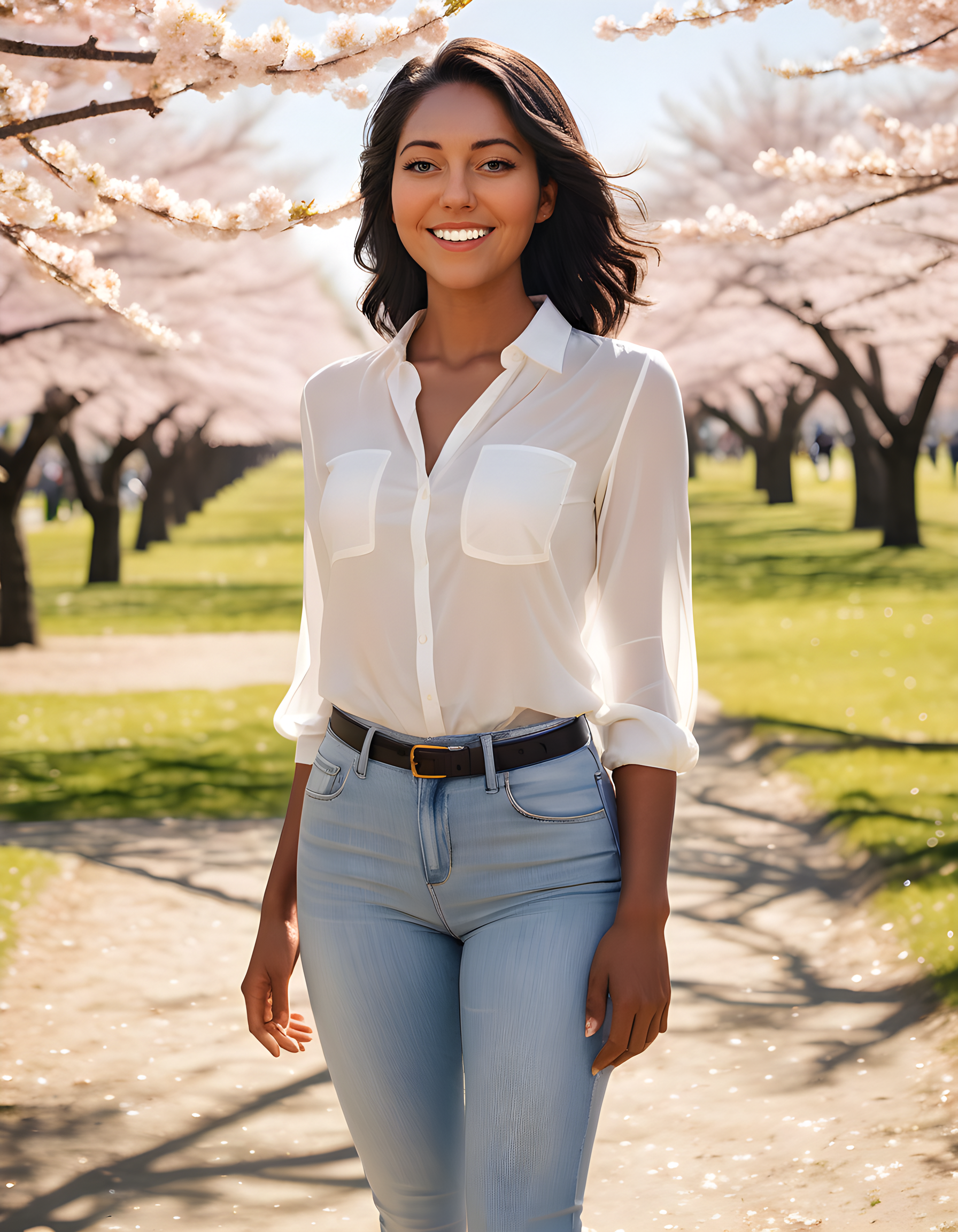 M4RY3W, In a vibrant, sun-drenched park with cherry blossom trees in full bloom, Mary3w is depicted in a captivating portrait. She stands alone against the backdrop of a clear blue sky, her black hair cascading down to her shoulders, framing her radiant face. With warm, brown eyes that seem to lock onto yours, she offers a gentle, inviting smile, her brown skin glowing under the soft, golden sunlight. Her outfit is modern yet elegant - a white blouse paired with dark jeans and black loafers, adding an air of sophistication to this serene scene. The camera angle is slightly above, capturing Mary3w's profile, emphasizing the tranquility and charm exuding from her presence.