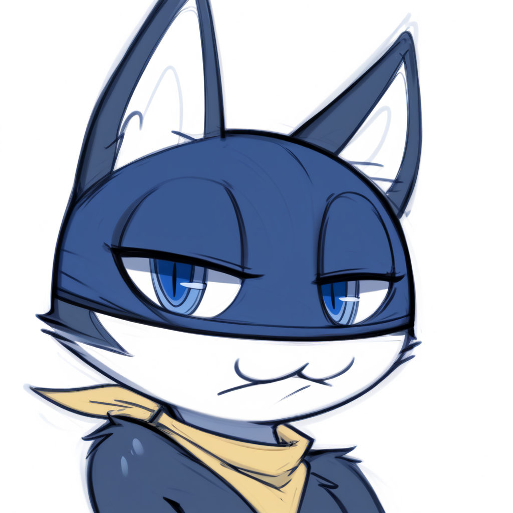 ((reality_undoer, sketch, score_9, score_8, highres, high quality, detailed face, detailed eyes)), in color, solo, cat, furry, anthro,morganasdxl, blue eyes,bandana