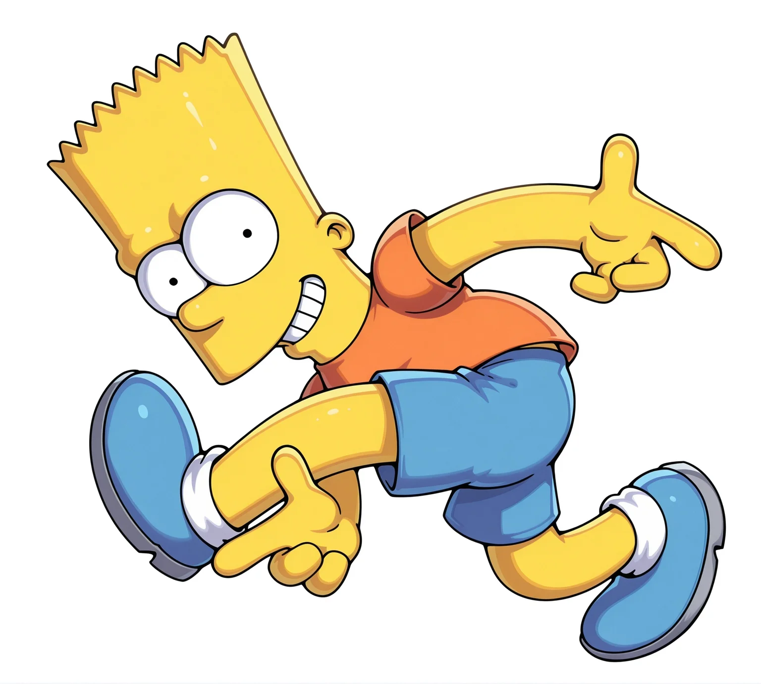 1boy, bart_simpsons, bart simpson, bart_simpsons, young, blue shoes, the simpsons, blue shorts, orange shirt, sonic adventure pose, leaping, jumping, grin, looking at viewer, full body, absurdres, 4 fingers, high quality, best quality, white background, <lora:simpsons-naujas02:1.2> <lora:Sonic_Pose_Illustrious:1>