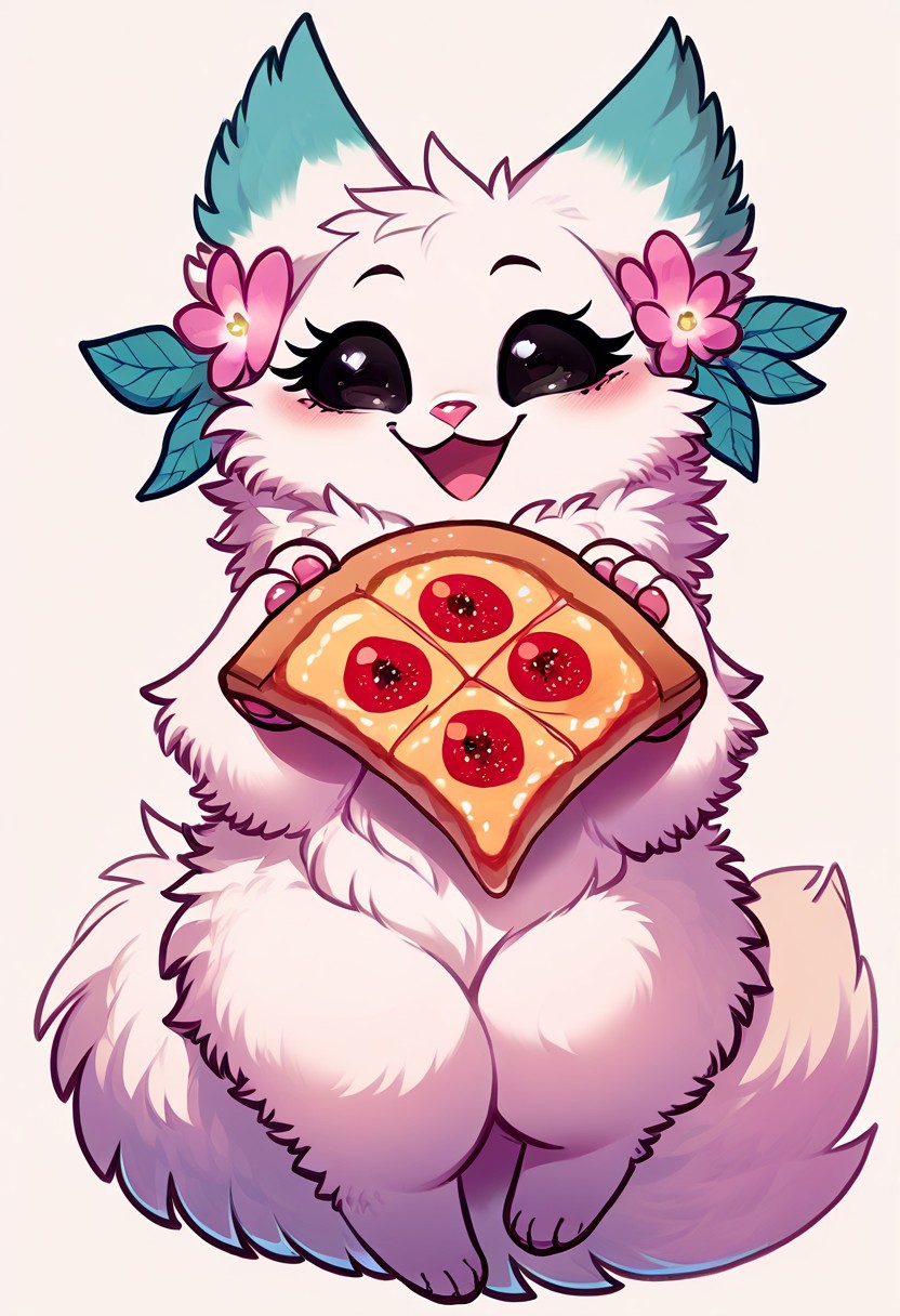 score_9, score_8_up, score_7_up,1girl, Minto, white fur, black sclera, black eyes, pink nose, paws, tail, turquoise edges at the ears, open mouth, happy, holding a piece of pizza