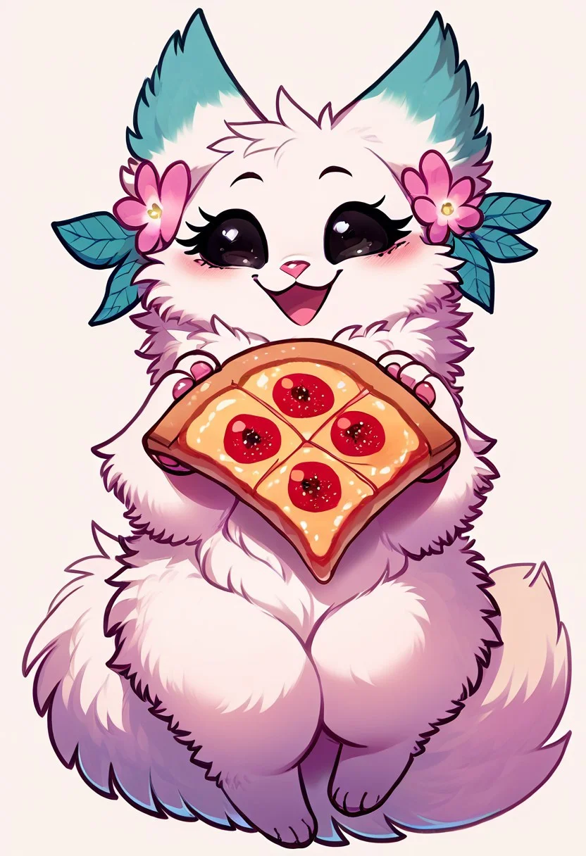 score_9, score_8_up, score_7_up,1girl, Minto, white fur, black sclera, black eyes, pink nose, paws, tail, turquoise edges at the ears, open mouth, happy, holding a piece of pizza
