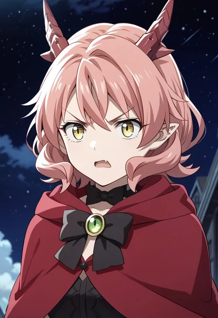 score_9,score_8_up,score_7_up,source_anime,FAFNIR_GUILDMELAG_LINDA_BLAIR_HANAKO,1girl,solo,open mouth,bow,upper body,bowtie,hood,looking to the side,v-shaped eyebrows,black bow,parody,cloak,dragon horns,black bowtie,anime coloring,red cloak,