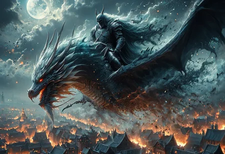 8k, high resolution, best quality, perfect colors, colorful, perfect shadows, perfect lighting, masterpiece, ultra detailed, final showdown super illustration extremely detail, story about a dark knight riding a skull demon dragon, flying skull dragon, bright moon and stars, dark sky, black cloud, foggy, all range, view of the metropolis wizard city from above, Awash in a haze of light leaks reminiscent of film photography, awesome background, cinematic, wide shot, Dutch Tilt, High Angle Shot,
( "we copy prompt from venusa" )