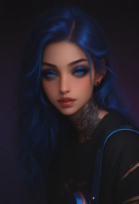embedding:Illustrious\Positive\IllusP0s, embedding:Illustrious\Positive\IllustriousQual, muses_in_dark, 1girl, tattoo, solo, jewelry, long hair, blue eyes, eyeshadow, earrings, piercing, guitar, blue hair, neck tattoo, instrument, looking at viewer, parted lips, ears piercing, freckles, dark theme, low light, inconsistent lighting, realistic