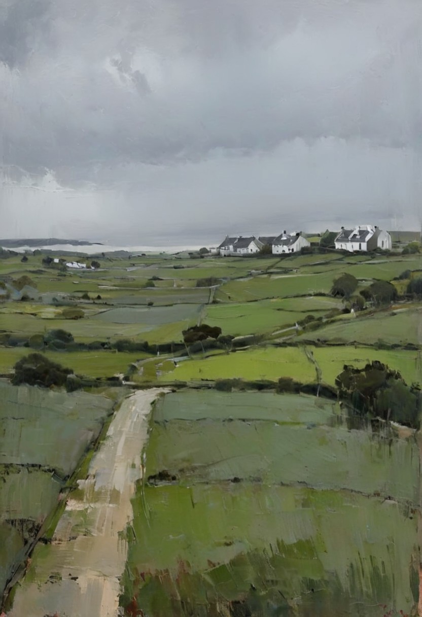 detailxl, easynegative, in the style of malcolm-liepke, Landscape Render, no humans, BREAK, seaside, wind, grey sky, old village, countryside, light rain, darkness