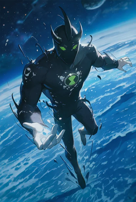 <lora:alienx-09:1> alienx, 1boy, green eyes, horns, matte black skin, dynamic pose, white hands, wide face, white spots on body, <lora:WSSKX_WAI:1>, on alien planet, lunar surface, blue sand, alien planet, sky,, masterpiece, best quality, amazing quality, very aesthetic, absurdres, newest,
