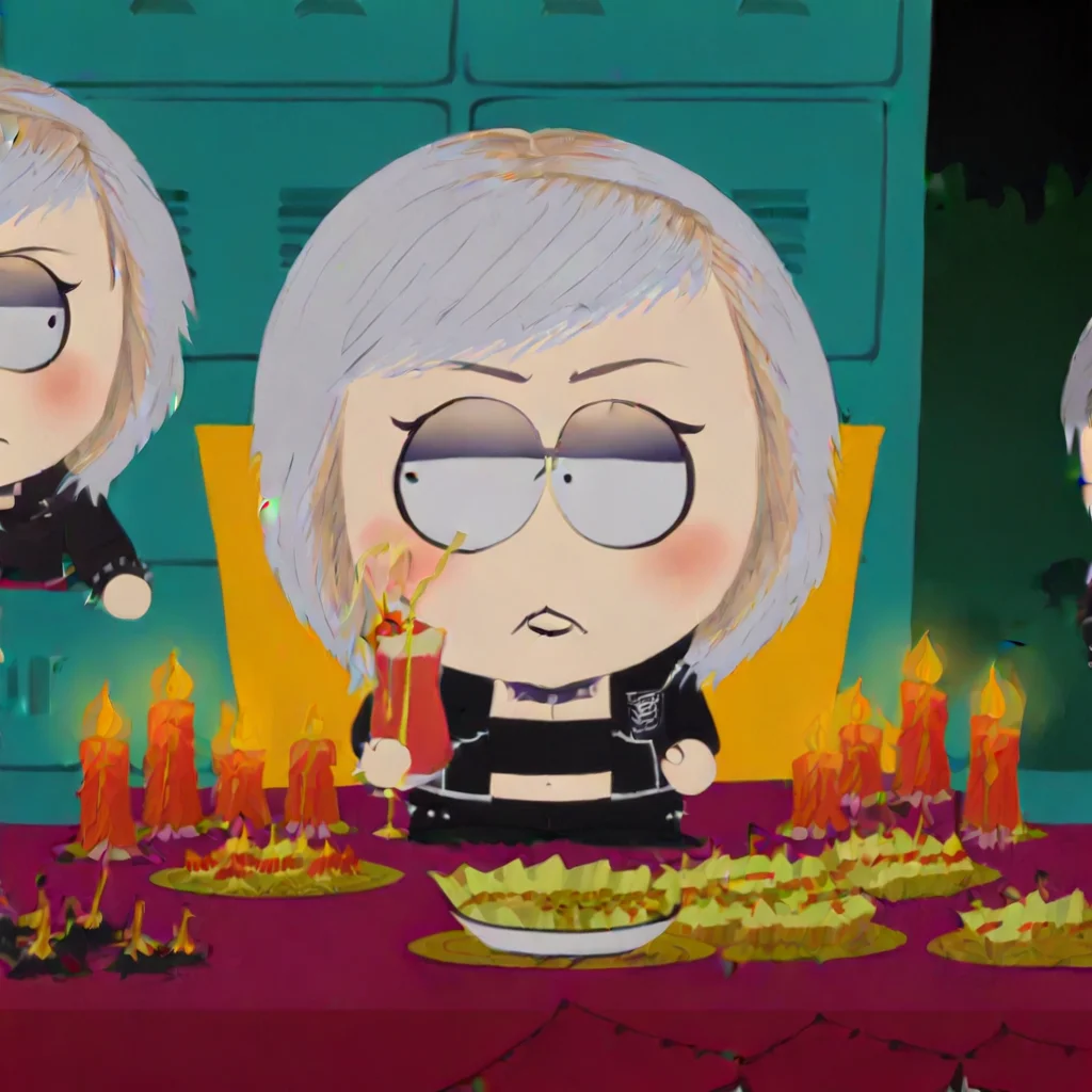 katie gelson from south park, 1girl, short white hair with blonde highlights, makeup, chibi, black pants, fruit, forest, punk spiked bracelet, midriff, pale skin, candle, grey hair, black shoes, drinking straw, vampire, navel, collar, food, restaurant, locker room, tree, parody