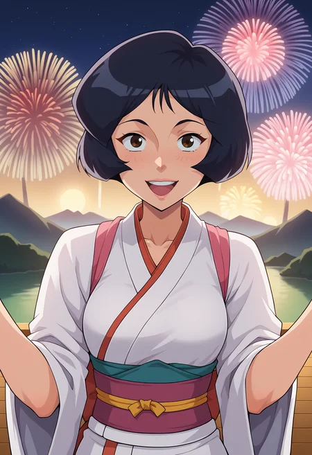 score_9, score_8_up, score_7_up, BREAK source_anime, 1girl, alex \(totally spies\), short hair, kimono, happy, looking at viewer, night sky, fireworks, mountain, pov <lora:brj-alex-ponyXL-v0.5:0.8>