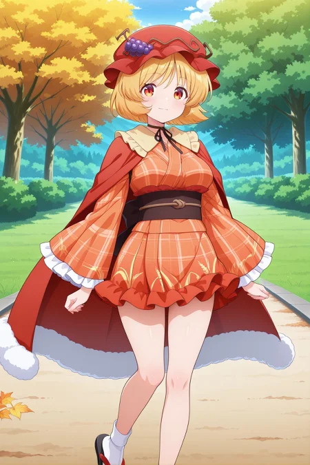 absurdres, highres, masterpiece, best quality, amazing quality, official anime artwork, screencap, anime screencap, outdoors, looking at viewer, light smile, dynamic pose, standing,
<lora:Aki-Minoriko_Illustrious:1> aki minoriko, 1girl, yellow eyes, blonde hair, short hair, medium breasts,, aki minoriko \(sweet sister god\), alternate costume, red hat, mob cap, grape hat ornament, brown neck ribbon, red cape, fur-trimmed cape, flip-flops, japanese clothes, orange kimono, sash, red obi, long sleeves, plaid kimono, frilled kimono, frilled sleeves, wide sleeves, white socks, short kimono,