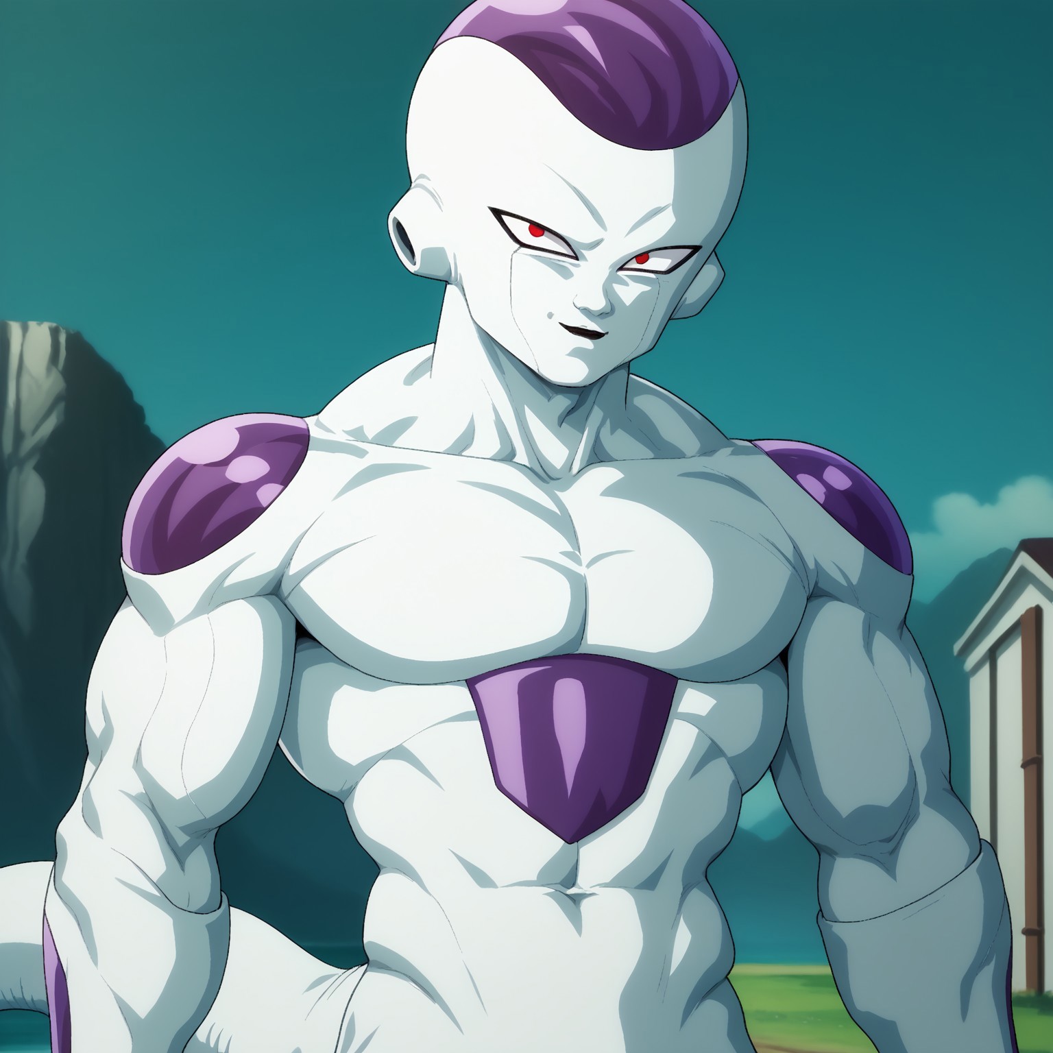 score_9, score_8_up, score_7_up, source_anime, friezadb, 1boy, solo, white body, white skin, purple plates, red eyes, tail, looking at viewer, muscular, BREAK, outdoors