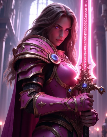A cinematic ingame screenshot from World of Warcraft on a mighty female Paladin knight. She got long flowing brown hair, beautiful eyes, wearing a pink shiny magical armor with golden trimmed detailds. In her right hand she is holding a pink giant glowing greatsword by the swords handle, glowing runes along the blade. She is standing in an empty battle field. hkstyle <lora:hkstyleFluxV3:0.85> <lora:Elden_Ring_-_Yoshitaka_Amano:0.6> <lora:FluxMythP0rtr4itStyle:0.65>