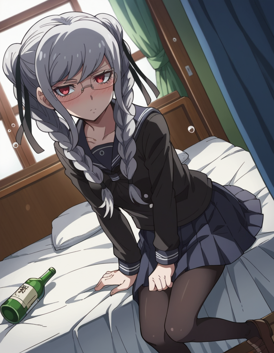 score_9, score_8_up, score_7_up, source_anime,
pekopekoyama, <lora:peko-pekoyama-s2-ponyxl-lora-nochekaiser:1>,
peko pekoyama, braid, long hair, red eyes, twin braids, glasses, white hair,
black pantyhose, black shirt, brown footwear, collarbone, pantyhose, pleated skirt, school uniform, serafuku, shirt, shoes, skirt,
indoors, bed, bed room, on side, blush, drunk,
looking at viewer, cowboy shot, dutch angle, solo,