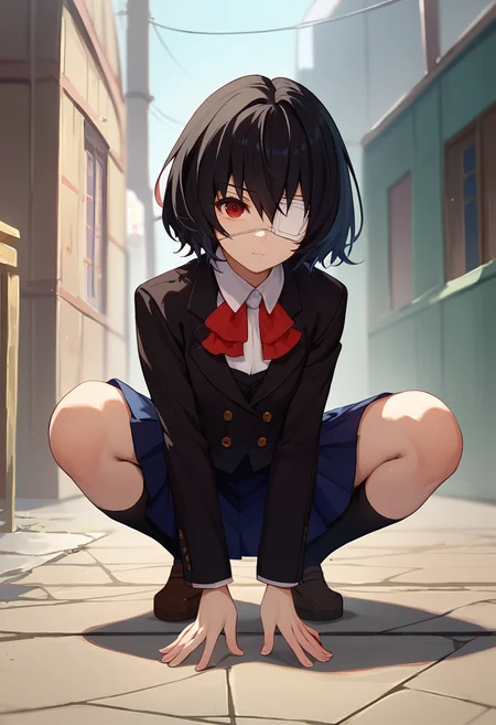 score_9, score_8_up, score_7_up, 1girl,  solo,mskr, black hair, short hair, red eyes, heterochromia, eyepatch,   red ascot, black blazer, blue skirt, long sleeves,  black socks, squatting, front view,  <lora:Misaki Mei 6-000007:1>
