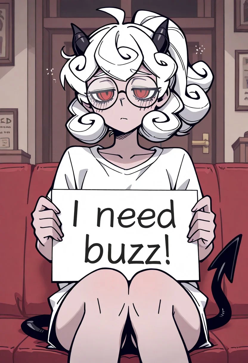 best quality, newest, absurdres, highres, high quality, masterpiece, source anime,
1girl, pandemonica (helltaker), red eyes, white hair, ahoge, demon horns, black horns, demon tail, round glasses, tired, sitting,
need_buzz, holding sign saying "Need Buzz",
coffee house, detailed background,