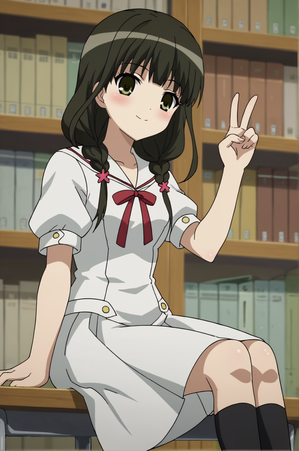 score_9, score_8_up, score_7_up,anime_source, source_anime, best background, detailed background, anime screencap,  kaname, Ookami school outfit, blush, bookshelf, light smile, v fingers, victory fingers, indoors, sitting, cross legs, <lora:JN_ookami_kakushi:0.8>