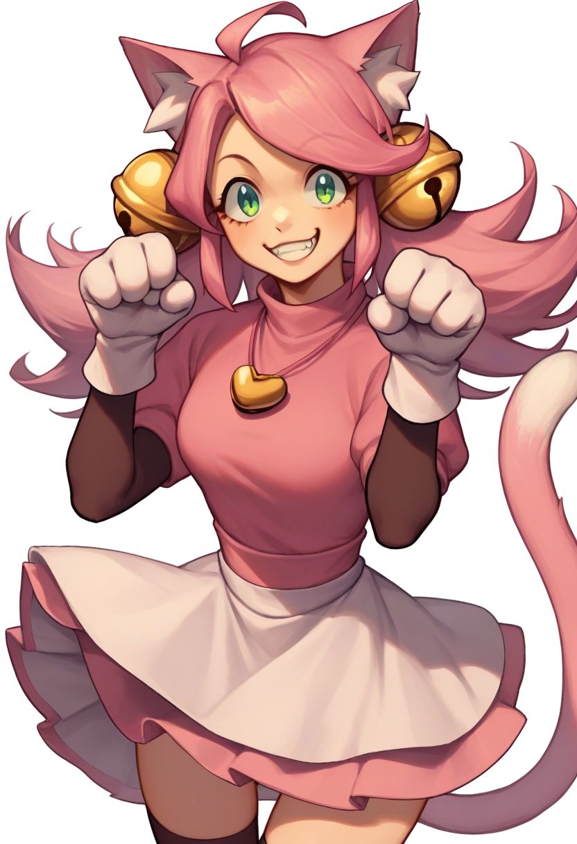 score_9, score_8_up, score_7_up, source_anime, solo, 1girl, woman, Mew Mew, catgirl, pink hair, green eyes, cat ears, bells, pink shirt, heart locket, skirt, gloves, cat tail, thigh highs, smile, happy, half body, standing, paw pose, looking at viewer, standing, white background