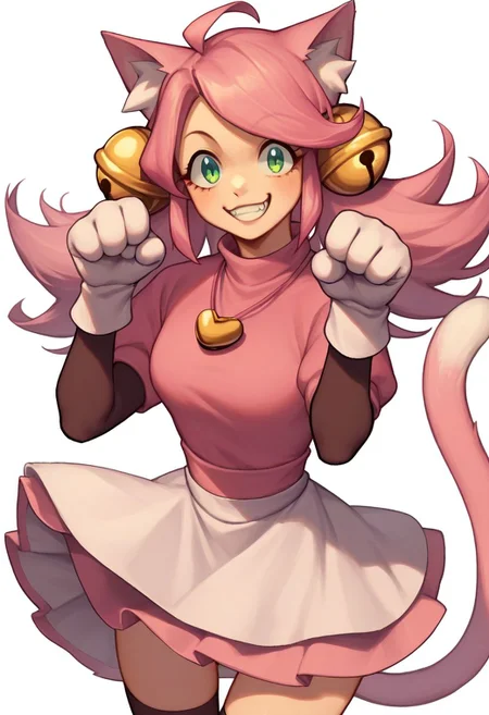 score_9, score_8_up, score_7_up, source_anime, solo, 1girl, woman, Mew Mew, catgirl, pink hair, green eyes, cat ears, bells, pink shirt, heart locket, skirt, gloves, cat tail, thigh highs, smile, happy, half body, standing, paw pose, looking at viewer, standing, white background