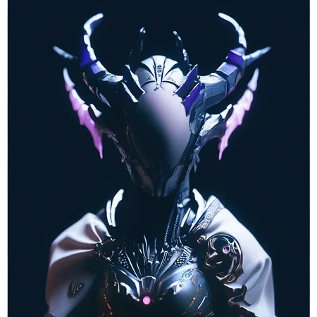 score_9, score_8_up, score_7_up, detailed, mcnm, girl, horns, violet glow, armor, rating_safe, black background
