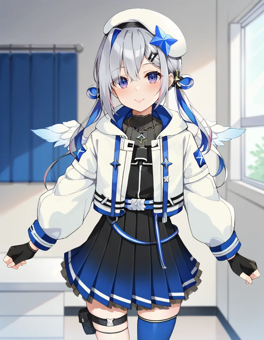 score_9, score_8_up, score_7_up, score_6_up, score_5_up, score_4_up, source_anime, anime screencap, BREAK 1girl, solo, standing, indoors,
<lora:Amane_Kanata_Pony:1> amane_kanata, kanata_3rd, twintails, two side up, hairclip, blue star halo, white beret, necklace, pleated dress, black dress, white jacket, blue belt, black gloves, thigh strap, blue thighhighs, single thighhigh, black sock, asymmetrical legwear, white boots