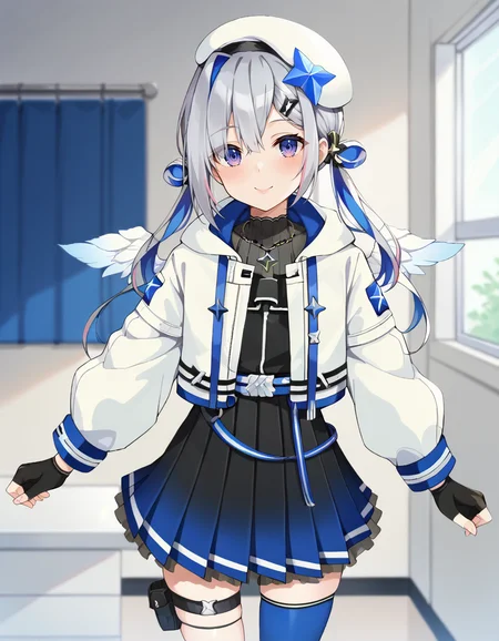 score_9, score_8_up, score_7_up, score_6_up, score_5_up, score_4_up, source_anime, anime screencap,  BREAK 1girl, solo, standing, indoors,
<lora:Amane_Kanata_Pony:1> amane_kanata, kanata_3rd, twintails, two side up, hairclip, blue star halo, white beret, necklace, pleated dress, black dress, white jacket, blue belt, black gloves, thigh strap, blue thighhighs, single thighhigh, black sock, asymmetrical legwear, white boots