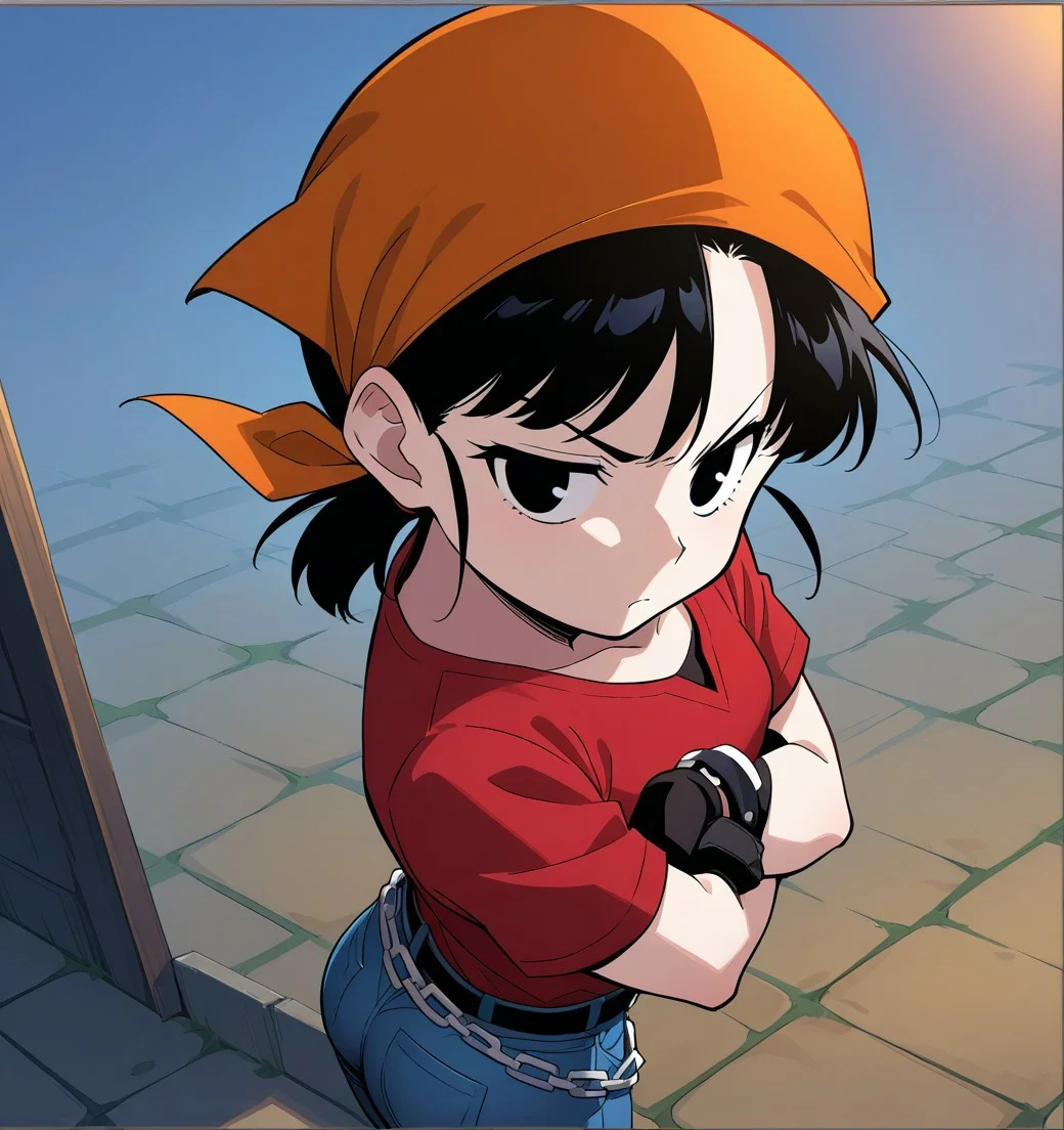 (<The-killer-wc_artist>) short black hair, black eyes, orange bandana, red shirt, gloves,tight jean pants, belt, chain, hands on hips, small_breasts, smal ass, side view, arms crossed,