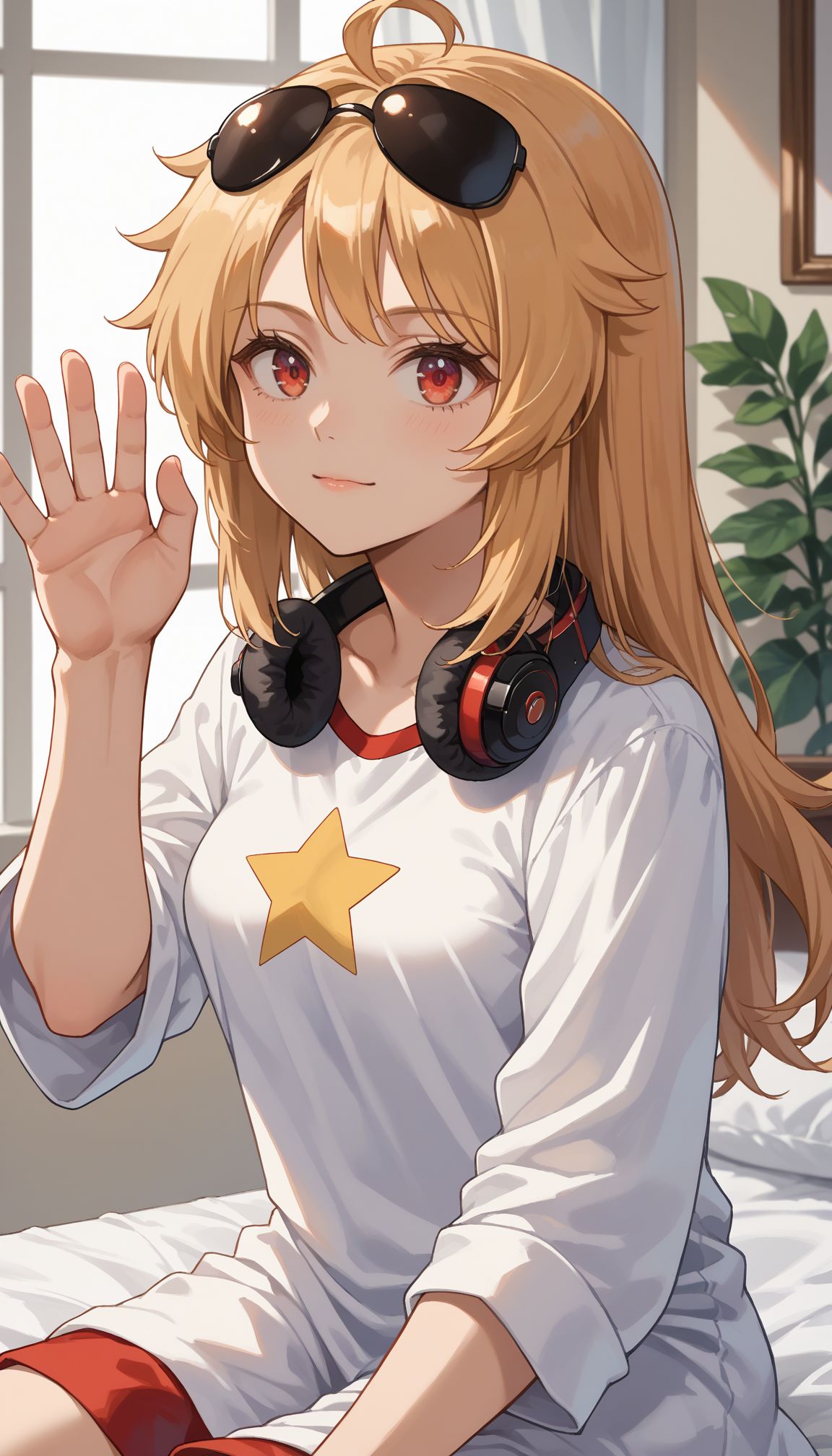 score_9, score_8_up, score_7_up, source_anime, 1girl, solo focus,
 <lora:Columbia (azur_lane) :1> columbia (azur_lane), 1girl, ahoge, long hair, red eyes, blonde hair, medium breasts, eyewear on head, sunglasses, star (symbol), headphones around neck,  pajama,, sitting on bed, indian style, indoor, waving hands