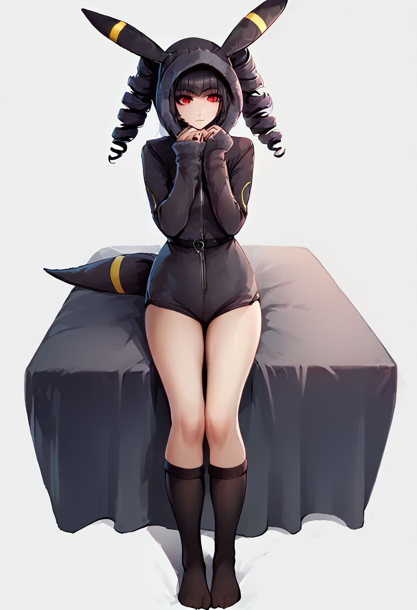 score_9, score_8_up, score_7_up, score_6_up, score_5_up, score_4_up, 1girl,  celestia ludenberg, long hair, bangs, black hair, red eyes, long sleeves, twintails, drill hair, twin drills, curvy, source_anime, ears, hood up, onesie, tail, knee high socks,  umbr30n, <lora:umbr30nXLP:0.6> full body, bedroom background, sitting on bed