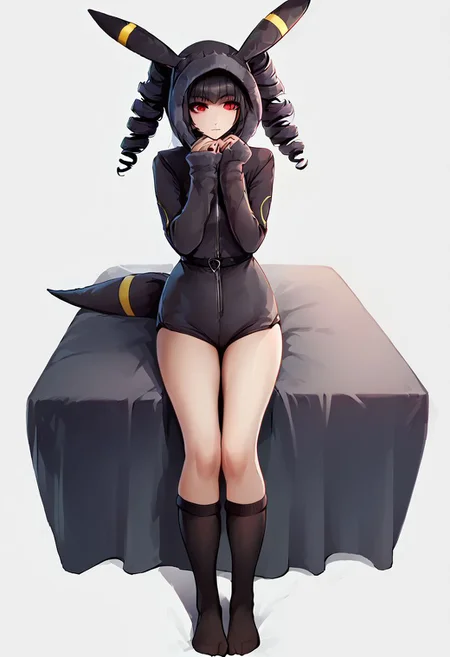 score_9, score_8_up, score_7_up, score_6_up, score_5_up, score_4_up, 1girl, celestia ludenberg, long hair, bangs, black hair, red eyes, long sleeves, twintails, drill hair, twin drills, curvy, source_anime, ears, hood up, onesie, tail, knee high socks, umbr30n, <lora:umbr30nXLP:0.6> full body, bedroom background, sitting on bed