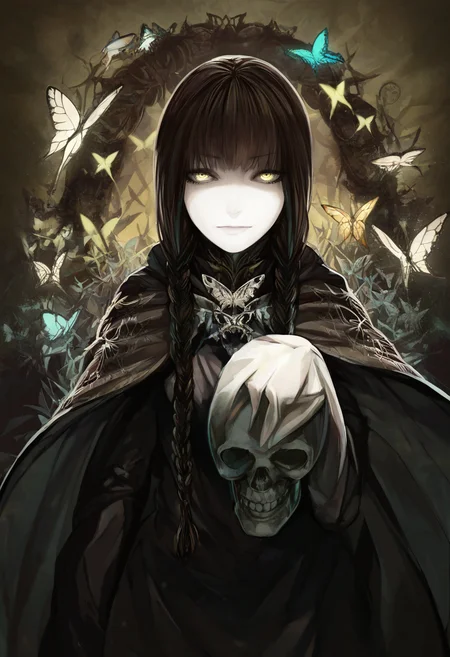 very awa, masterpiece, best quality, hightres, absurdres, 1girl, solo, long hair, brown hair, yellow eyes, braid, cape, twin braids, bug, butterfly, skull, fataStyle, <lora:FATAIL:1>