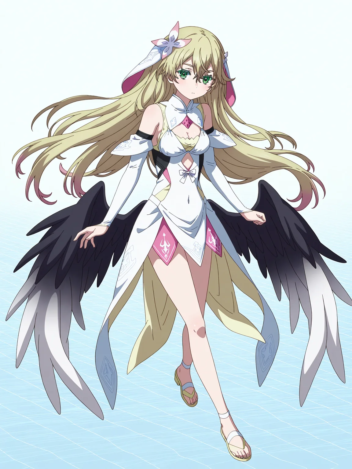 <lora:rinnev2_1:0.9>,rinne,full body,black low wings with white low wing ends,two tone wings,white feathers,