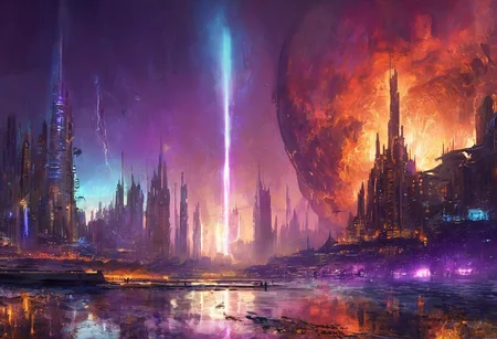 score_9, score_8_up, score_8_up, ((Cinematic composition)),((masterpiece)), (resplendent lighting), absurdres, very fine detail, 8k. A futuristic alien city alight with purple blue fires. The broken moon can be seen with a large portion of it destroyed. Towering spires, crashing waves, busy spaceport bustling with activity, ink and charcoal, fragmented, in the style of Monet
,<lora:aidma-Image Upgrader-v0.1:0.15>,
t1ng, traditional media, abstract, texture