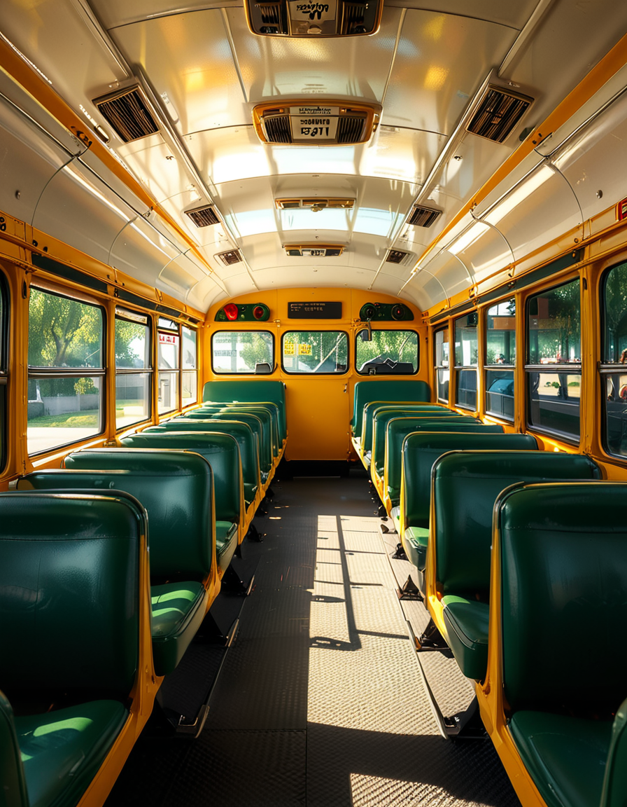 The interior of a classic yellow school bus, captured in a clean and well-maintained state. Long rows of simple green vinyl seats line both sides of a narrow aisle, slightly worn from regular use. The perspective is from the front of the bus, looking toward the back, with a clear view of the seats and the metal handrails on top of each row. Sunlight streams in through the large rectangular windows on both sides, creating soft reflections on the seats and a warm glow inside. The floor is textured black rubber, with faint signs of foot traffic. The atmosphere feels quiet and inviting, with no students present, giving a peaceful and slightly nostalgic vibe. The style is photorealistic, highlighting the details of the seat stitching, window latches, and the subtle reflections of light on surfaces. The background includes the driverâs area partially visible, with the steering wheel and dashboard controls adding to the authenticity.
<lora:SDXLFaeTastic2400:0.4> <lora:extremely_detailed:0.4> extremely detailed, <lora:sch00l_bus:1>,sch00l bus, Masterpiece,best quality,hi res,8k,hi res,8k,award winning,(sharp focus, intricate, highly detailed),