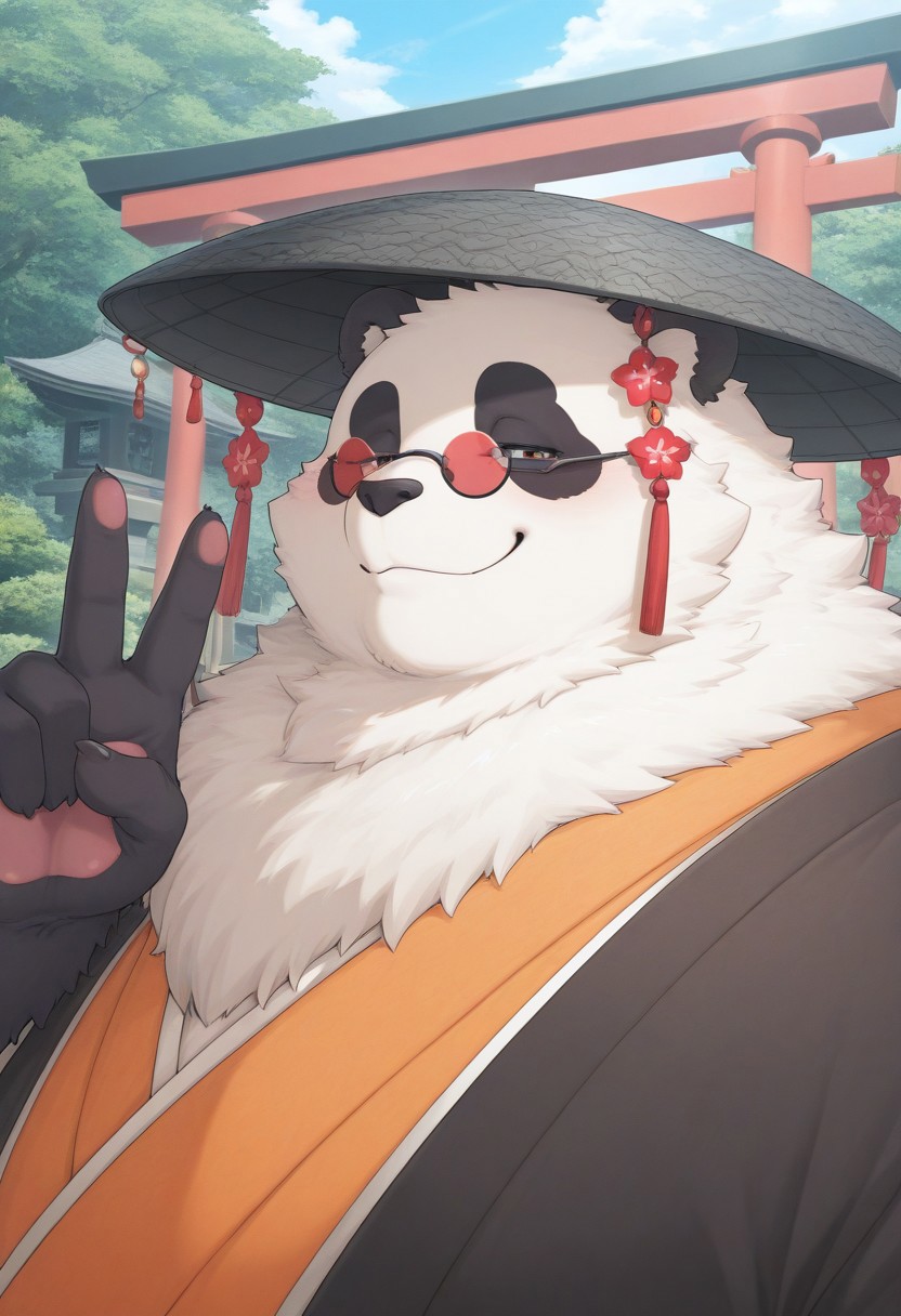 masterpiece, detailed background, best quality, absurd res, high detail, aesthetic, detailed eyes
BREAK
Anthro,panda male,PanYiHun,fat male, huge body, fluffy, neck tuft, fluff, face focus, close-up, broad shoulders, orange japanese clothing, red mini glasses, metal japanese hat, half closed eyes,  smile, v sign,
BREAK
Outdoors, japanese garden, Torii gates, sakura trees, detailed background,