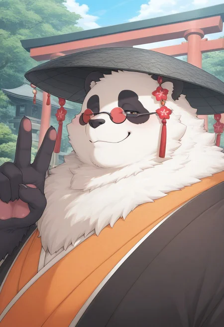 masterpiece, detailed background, best quality, absurd res, high detail, aesthetic, detailed eyes
BREAK
Anthro,panda male,PanYiHun,fat male, huge body, fluffy, neck tuft, fluff, face focus, close-up, broad shoulders, orange japanese clothing, red mini glasses, metal japanese hat, half closed eyes, smile, v sign,
BREAK
Outdoors, japanese garden, Torii gates, sakura trees, detailed background,