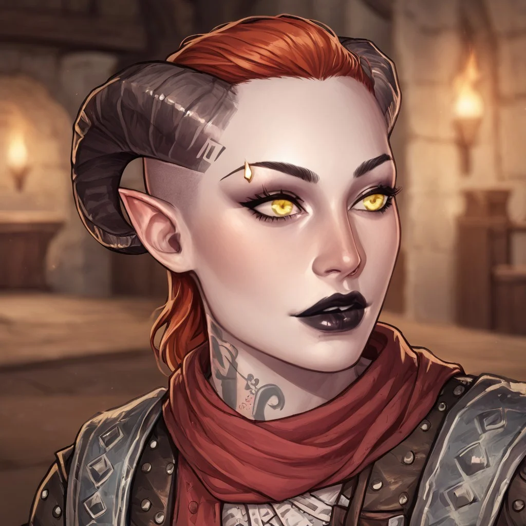 (((beautiful, high quality, perfect eyes, comics style, semi-realistic, perfect hands, detailed face))), score_9, score_8_up, score_7_up, BREAK solo, 1girl, 33y woman, (Tiefling, pointed ears, curved horns), ((pale gray skin:1.1)), ((hooked nose)), muscular, tattoos, fiery red hair, medium hair, unruly shaved side, Black lips, eyeshadows, yellow eyes, (flirting), BREAK a rogue wearing black torn coat, multiple belts, bandages, backpack, hood up, scarf, medieval inn, fantasy background, blurred background, easynegative, JIM EIDOMODE, Dungeons and Dragons 5th edition style illustration
